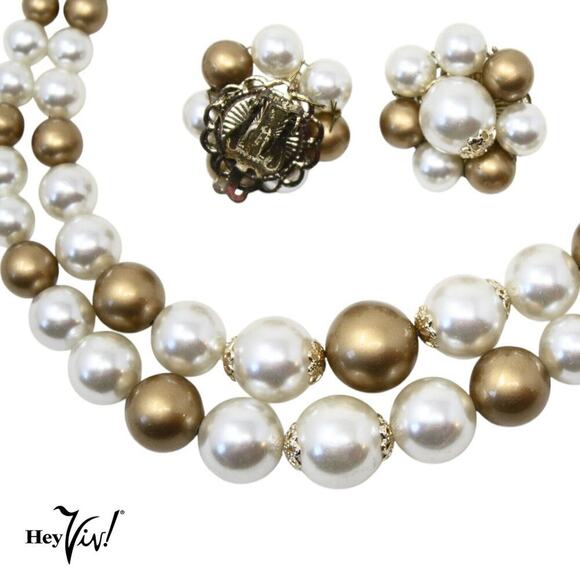 Vintage 2 Strand Gold White Bead Necklace Clip On Earring Set Original Box Japan - Picture 5 of 7